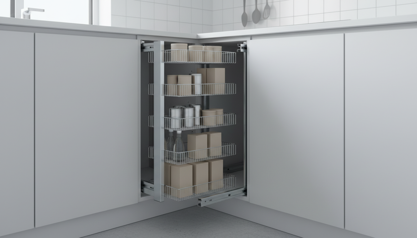 AI pantry design generator result: a narrow pull out larder unit drawn out from a run of handleless white base cabinets, with five chrome wire basket tiers holding plain unmarked boxes, tins and bottles, a white tiled wall behind and a pale concrete floor. Text free and mechanically impossible. The bottom drawer runner extends a full foot past the cabinet front and hangs in mid air, ending in space with nothing under it and nothing attached to it, and the wire baskets cantilever out well past the frame on the open side, carried by nothing at all. The unit was specified as a tall slim larder and came back at base cabinet height, and it has been placed in the internal corner of an L shaped run, the one position in a kitchen where a pull out cannot be pulled out. Five tiers asked to increase in height toward the floor came back the same height, with bottles on the fourth tier taller than the gap above them.