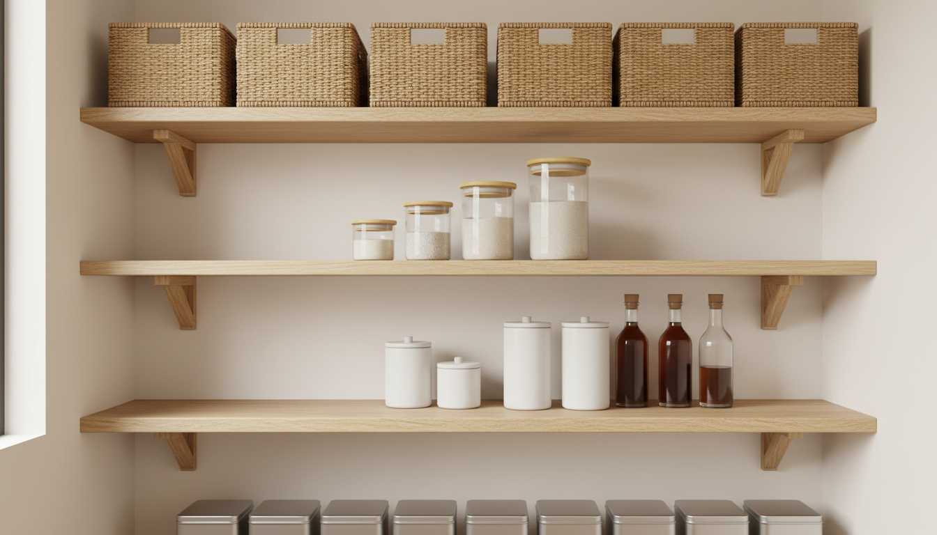 AI pantry design generator result: a styled and decanted pantry shelf wall in pale oak, with six matching seagrass baskets along the top shelf, four glass canisters with bamboo lids graduating smallest to largest, white ceramic containers and dark glass bottles below, against warm off white walls in soft daylight. This frame contains the only correctly graduated set on the whole page, and the basket label holders are genuinely empty rather than filled with nonsense. Everything structural is wrong. Timber cleats were asked for at both ends of every shelf and decorative corbels arrived set a foot inboard instead, on shelves over four feet long with nothing in the middle. There are no side walls for a cleat to fix to, so each shelf simply ends in mid air. Three shelves came back where four were asked for, at identical spacing where clearly unequal spacing was asked for, and every one of the three has its entire left half empty.