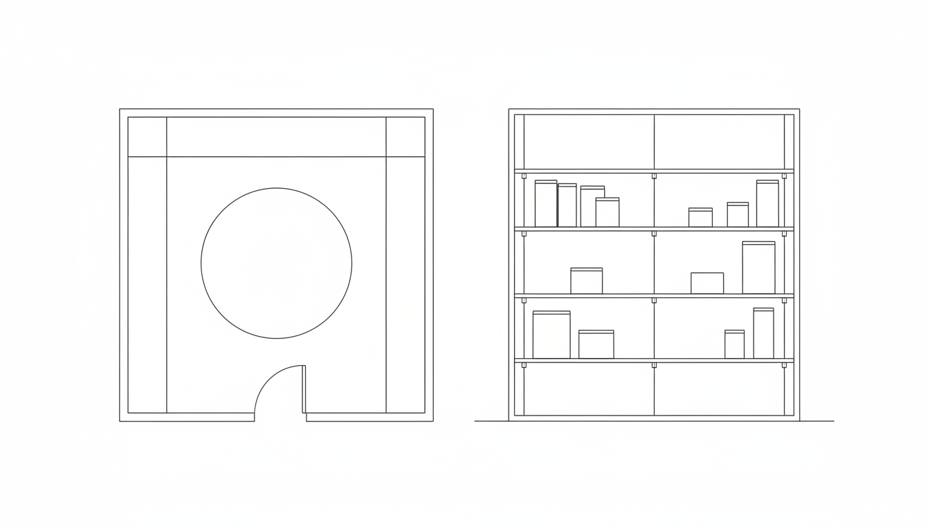 AI pantry design generator result: a black and white architectural line drawing showing a walk in pantry floor plan on the left and a shelving elevation on the right, on a plain white background. It followed the no text rule perfectly and the linework is genuinely clean. It also, for the third page in a row, closed the open clearance arc into a complete circle floating in the middle of the plan, despite the prompt asking in words for arcs rather than circles. The two shelf runs asked to differ in depth are drawn at indistinguishable widths, so the one thing the plan existed to communicate is missing. In the elevation, five shelves at unequal spacing came back as four at equal spacing, the bracket ticks sit above the shelf lines rather than under them, several of the plain tins are drawn as three dimensional boxes with a shaded side face on a flat elevation, and the ground line runs out well past the left hand wall.