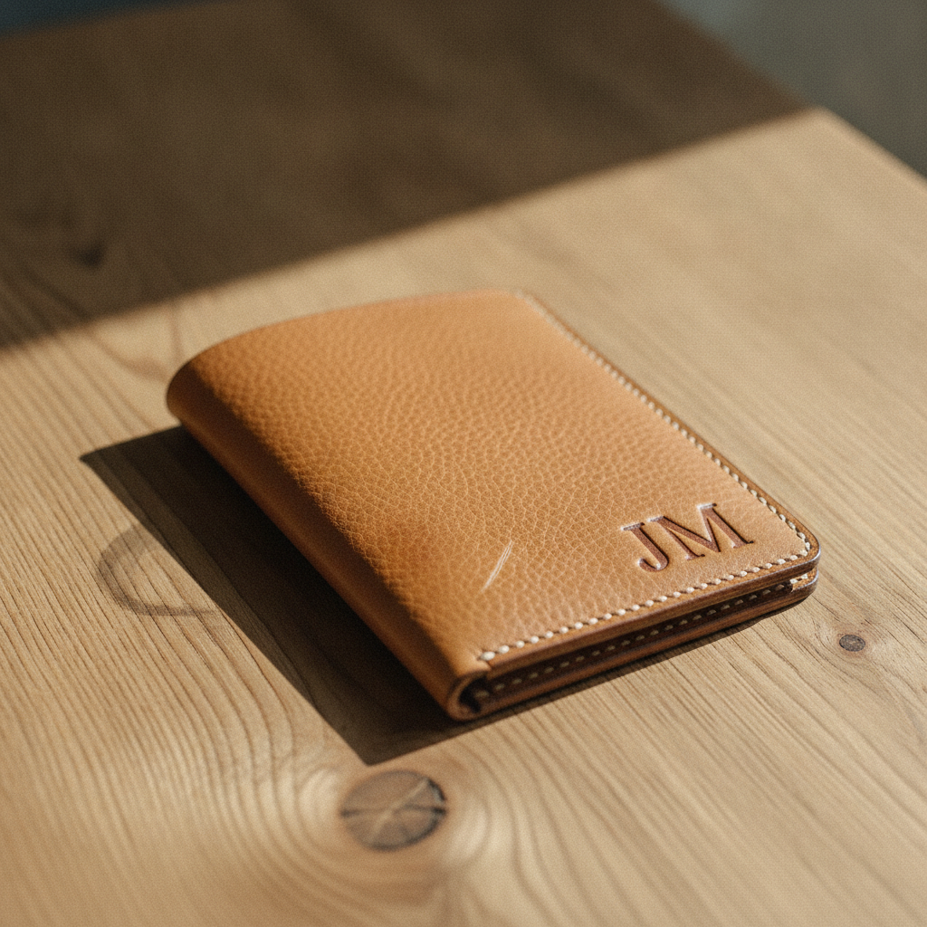 Tan pebble-grain leather passport cover with the initials JM debossed in the lower corner and cream saddle stitching round the edge, lying on a light oak table with a dark knot in raking afternoon sun