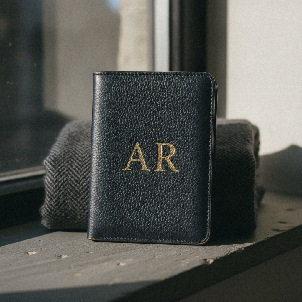 Navy pebble-grain leather passport cover with the initials AR foil-stamped in gold, standing propped against a folded charcoal herringbone wool scarf on a grey painted windowsill