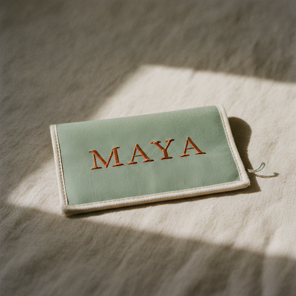 Sage-green cotton canvas passport cover with a cream bound edge and the name MAYA embroidered in rust-orange serif capitals, lying on rumpled oatmeal linen in a window-shaped patch of sun
