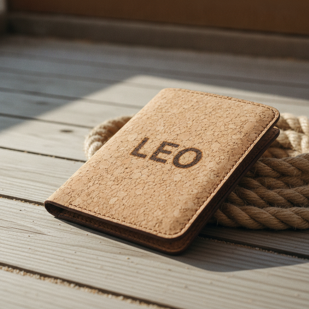 Natural cork-fabric passport cover with brown leather edge binding and the name LEO laser-engraved in dark brown capitals, lying on pale weathered decking against a coil of thick hemp rope