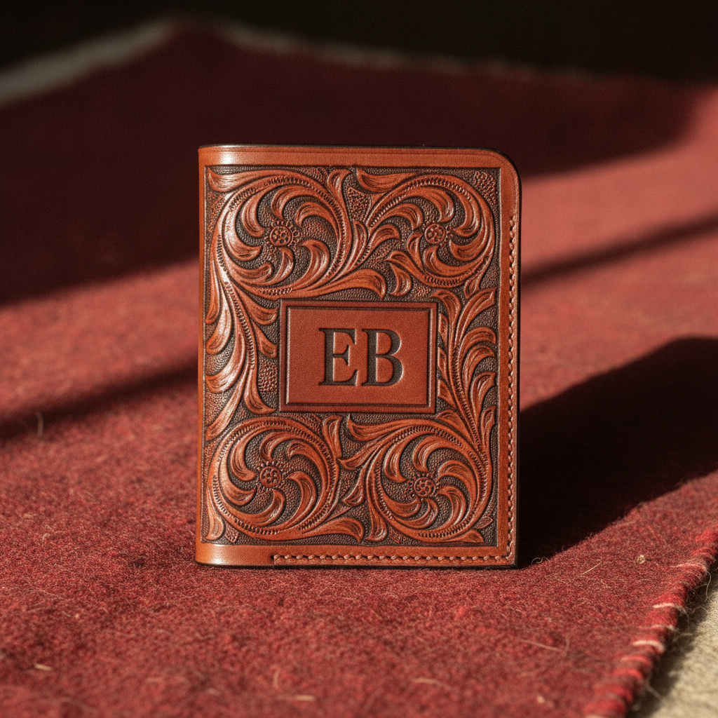 Chestnut leather passport cover covered in hand-tooled western floral scrollwork around a plain central panel carved with the initials EB, standing on a faded red woollen blanket