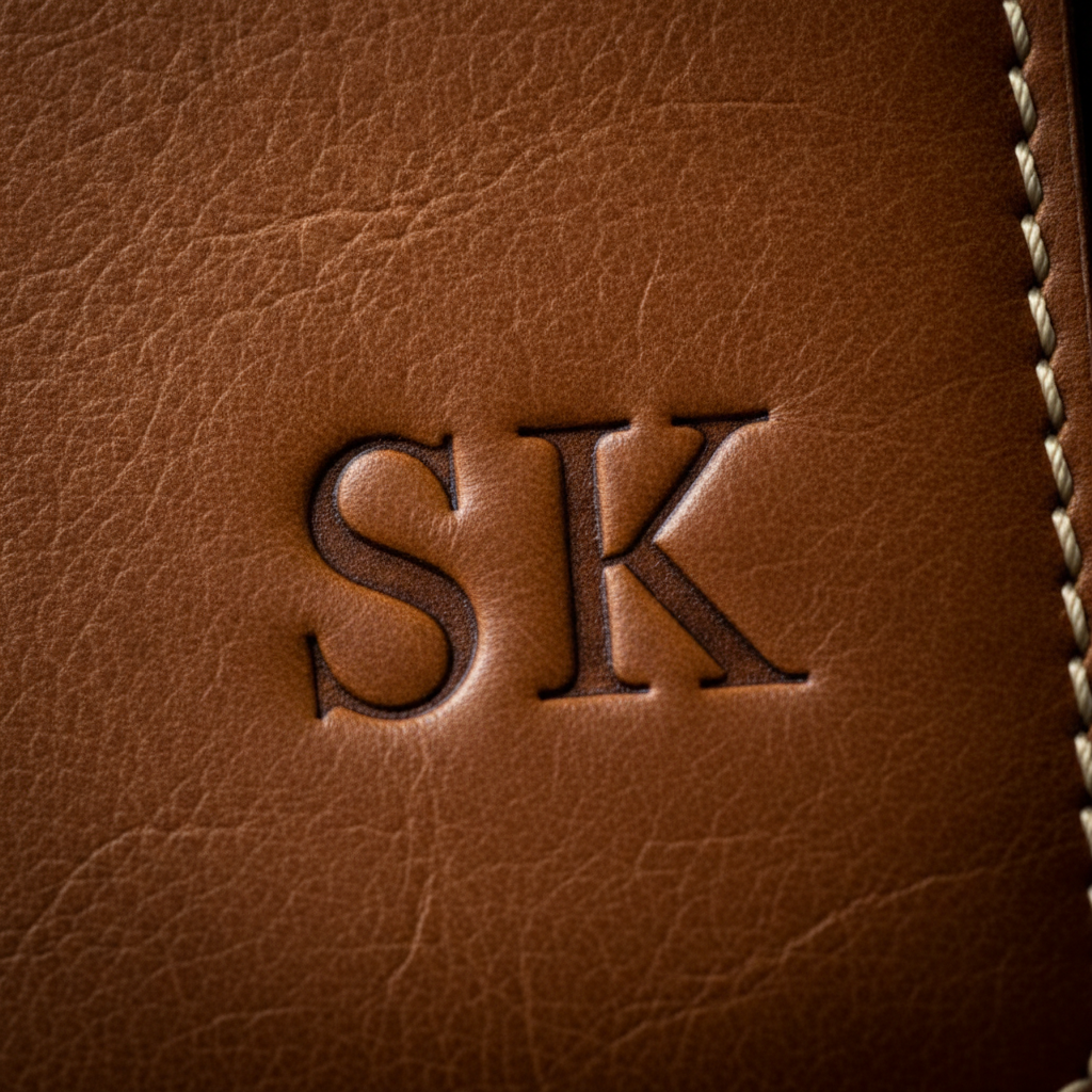 Extreme macro of the initials SK debossed in tall serif capitals into grained cognac leather, with a row of cream saddle stitching running down the right edge of the frame
