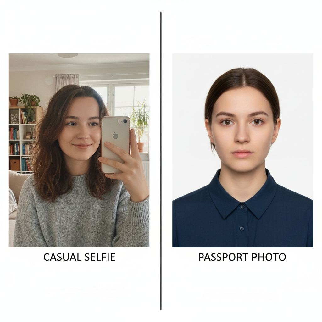 Before selfie and after AI passport photo comparison