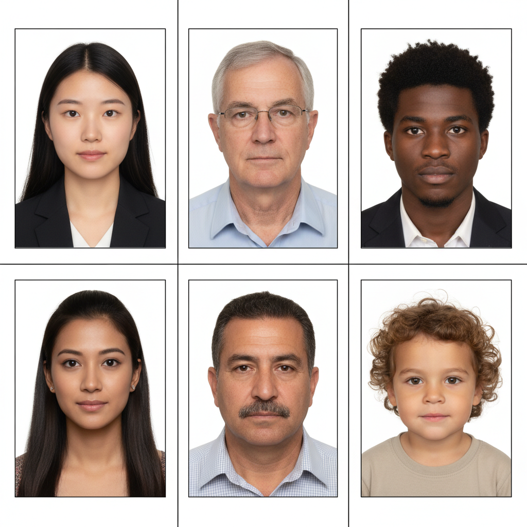 Grid of compliant AI generated passport and visa photos