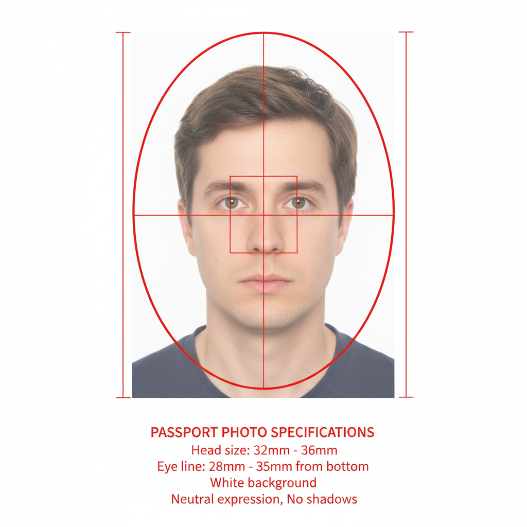 AI passport photo with head size measurement guide overlay