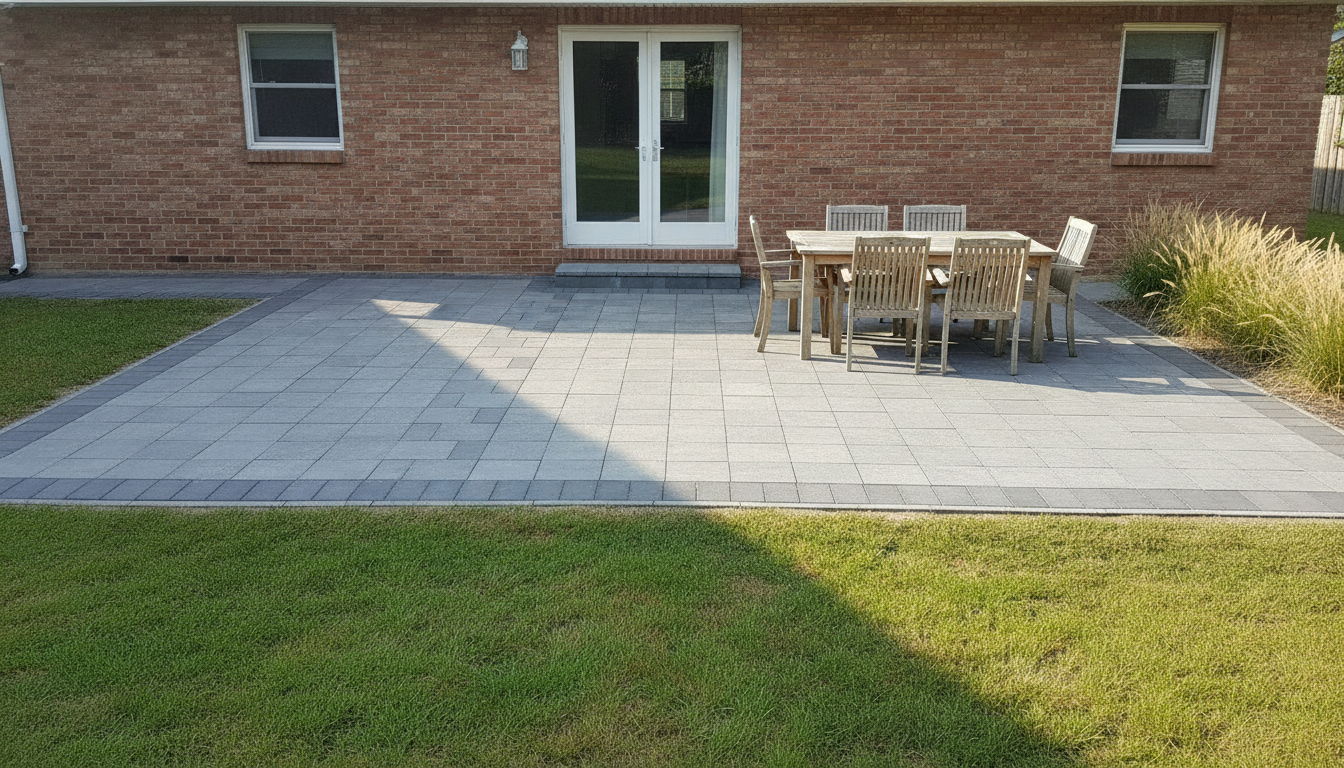 AI patio design generator result: a large grey concrete paver patio behind a red brick house, with a charcoal soldier course border running round the outer edge, a step down from a pair of white garden doors, a weathered timber table with six chairs on the right hand half and the left hand half left bare. Three instructions landed cleanly. The soldier course border is there on every free edge, the paving sits one full step below the door threshold instead of running straight into the house, and the asymmetry held, with the whole left half of the terrace deliberately empty. Two things went wrong and both matter. The paving was asked for in a running bond and came back in a stack bond, joints running through in unbroken straight lines the whole width of the patio with four corners meeting at a point everywhere, which is the one paving layout with no interlock in it at all. And a ragged vertical seam runs down the middle of the field where two grids of different sizes collide, as though two patios had been butted together and neither had been cut in.