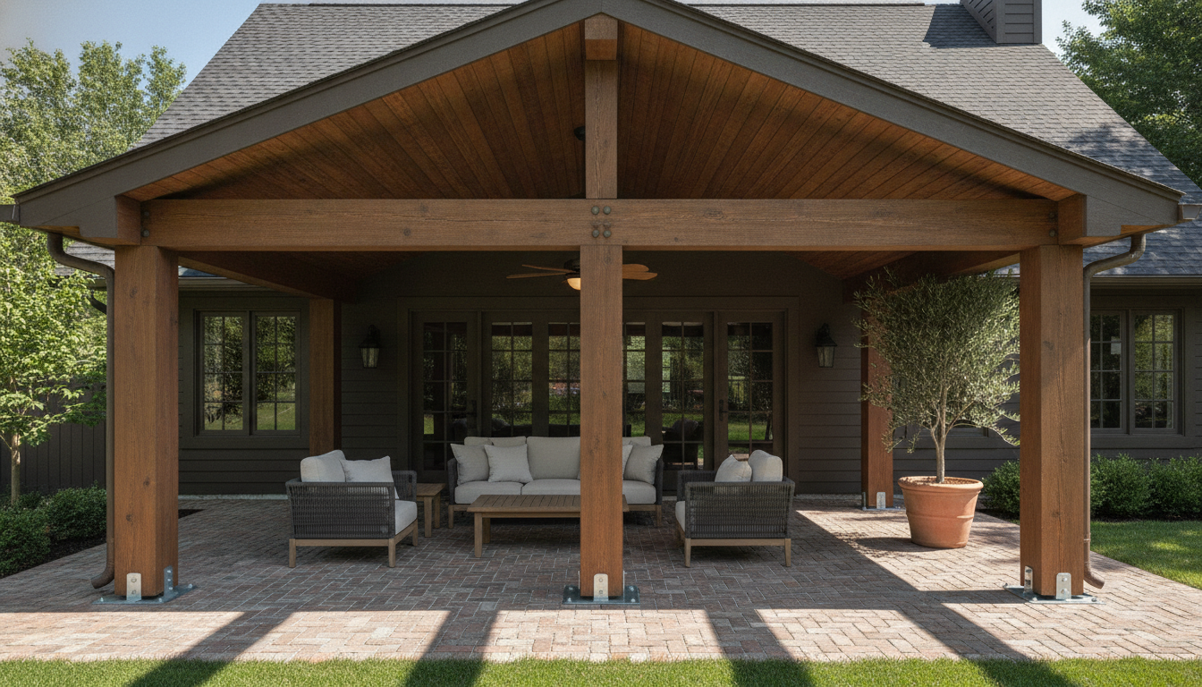 AI patio design generator result: a covered patio on the back of a house, with a gable roof over a brick paved floor, four square timber posts along the outer edge, a horizontal beam across the post tops, a tongue and groove boarded ceiling, a ceiling fan at the ridge, a pale sofa flanked by two dark weave armchairs and a potted olive tree. The fixings are the win here and they are unusually complete: all four posts stand on visible galvanised standoff base plates bolted down to the paving, the beam sits squarely on top of the posts with bolt heads drawn where it lands, and the ceiling boards run the right way. The connection that was asked for most explicitly is the one that never arrived, because the roof was supposed to be fixed to the house on a continuous ledger board with a visible line of bolts and it simply meets the wall and stops. The floor was asked for in herringbone and came back a plain running bond. The frame is also near perfectly mirrored, and the centre post lands dead in the middle of the seating group, directly in front of the sofa.