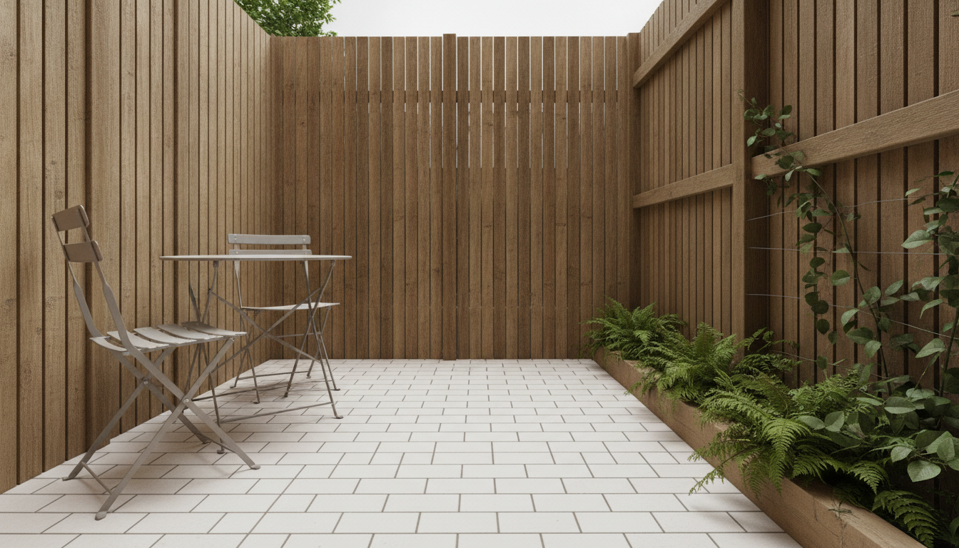 AI patio design generator result: a small enclosed courtyard patio boxed in by tall vertical timber slat fencing on three sides, floored in square white porcelain tiles laid in a grid, with a folding bistro table and two chairs to the left and a shallow raised timber planter of ferns and a climber along the right hand fence. This frame splits the size instruction in half, which is the most useful thing on the page. The enclosure landed perfectly: fence fills the frame on three sides, no horizon, no lawn, no borrowed view and only a narrow strip of sky directly overhead. The tightness did not land at all. The floor was asked for at ten feet by twelve with only thirty inches of clear space behind the table, and what came back is a wide walkable expanse with the table adrift along one side. The climbing wires stretched across the fence are genuinely drawn, the left and right fences are properly different from one another, and the far fence has a ragged sawtooth top edge where slats of two different lengths meet.