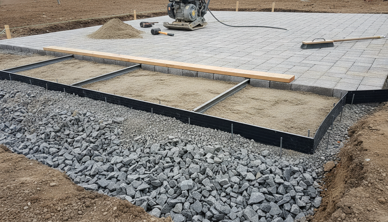 AI patio design generator result: a low angle construction photograph of a paver patio part way through being laid, showing an open excavation with a deep layer of angular crushed stone, a bedding sand bed screeded flat between two steel screed rails with a timber board resting across both, half the pavers laid to a clean straight edge, a black plastic edge restraint pinned with steel spikes, a plate compactor, a rubber mallet and a stiff broom. This is the most useful frame in the set and it exists because the preset banned every chair, cushion and plant from the shot. The layer stack reads correctly bottom to top, the screed board genuinely spans both rails, the spike heads through the edge restraint are individually drawn, and the laid pavers came back in the proper staggered running bond that the finished photograph refused to produce. The failure is the one this series keeps finding: the edge restraint is set out across the middle of the sand bed, several feet away from the pavers it is supposed to be holding, spiked into loose stone and restraining nothing. The sand bed also sits far more than one paver thickness below the laid surface, so nothing laid on it would come up level.