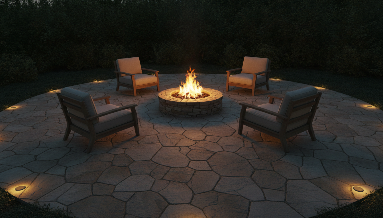 AI patio design generator result: a circular irregular flagstone patio at dusk with a low stacked stone fire pit burning at the centre, four timber armchairs with pale cushions spaced evenly around it, a ring of small recessed ground lights at the outer edge and a dark hedge beyond. Two firsts for this series sit in this frame. The random flagstone is excellent, no two flags the same shape and every joint tight and irregular. And the four chairs were asked for one at each quarter, evenly spaced, with equal gaps, each turned to face the fire, and all four arrived exactly like that, which is the first time loose objects have distributed correctly around an axis after both chairs landed on the same side of the table on the breakfast nook page. The lighting is where it comes apart. The prompt named the flagstones as the surface and asked for a long shadow radiating outward from every chair, and not one chair casts a shadow of any kind. The pool of firelight is there, the occlusion is not, and the two near chairs are lit brightest on the faces turned away from the fire.