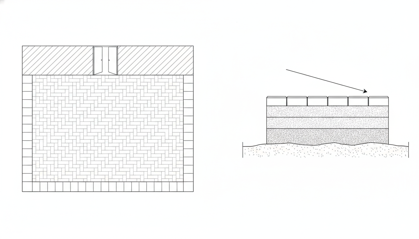AI patio design generator result: a flat black line drawing with a patio plan on the left and a section through the patio edge on the right, showing a hatched house wall with a pair of doors, a paved field inside a border of end on units, and a stack of layers with an arrow indicating the fall. The clean wins are the drawing discipline. No colour, no shading, no perspective, no circle, no ellipse and no stray lettering anywhere on the sheet, the doors drawn as two leaves in a gap cut through the wall hatch, the paver layer drawn as separate rectangles with real joints between them, and the fall arrow pointing the right way, down from the house toward the outer edge. Three things drifted. The plan came back in a textbook herringbone after being asked for a running bond, which is the exact reverse of the covered patio frame that was asked for herringbone and produced running bond. The border of end on units runs along three sides and stops at the house. And the whole build up sits on top of the ground line as a mound rather than in a cut, so the drawing shows a patio stacked on the lawn instead of dug into it.