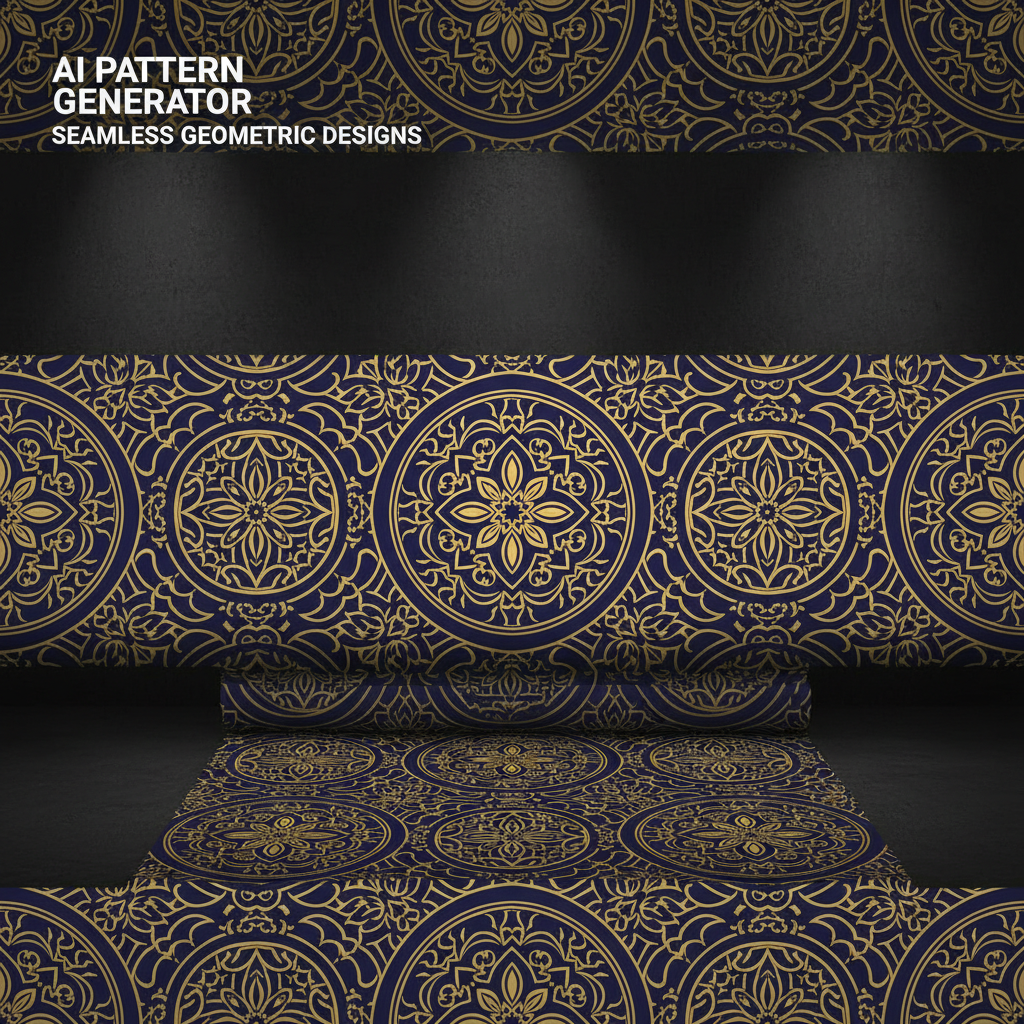 AI pattern generator banner — seamless intricate geometric pattern with deep navy and gold accents, abstract floral motifs intertwined with mandala shapes, automatic pattern creation showcase