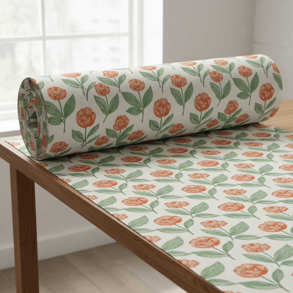 AI textile patterns showcase — repeating botanical pattern with sage green leaves, terracotta orange flowers, and cream background, seamless tileable design on rolled fabric mockup