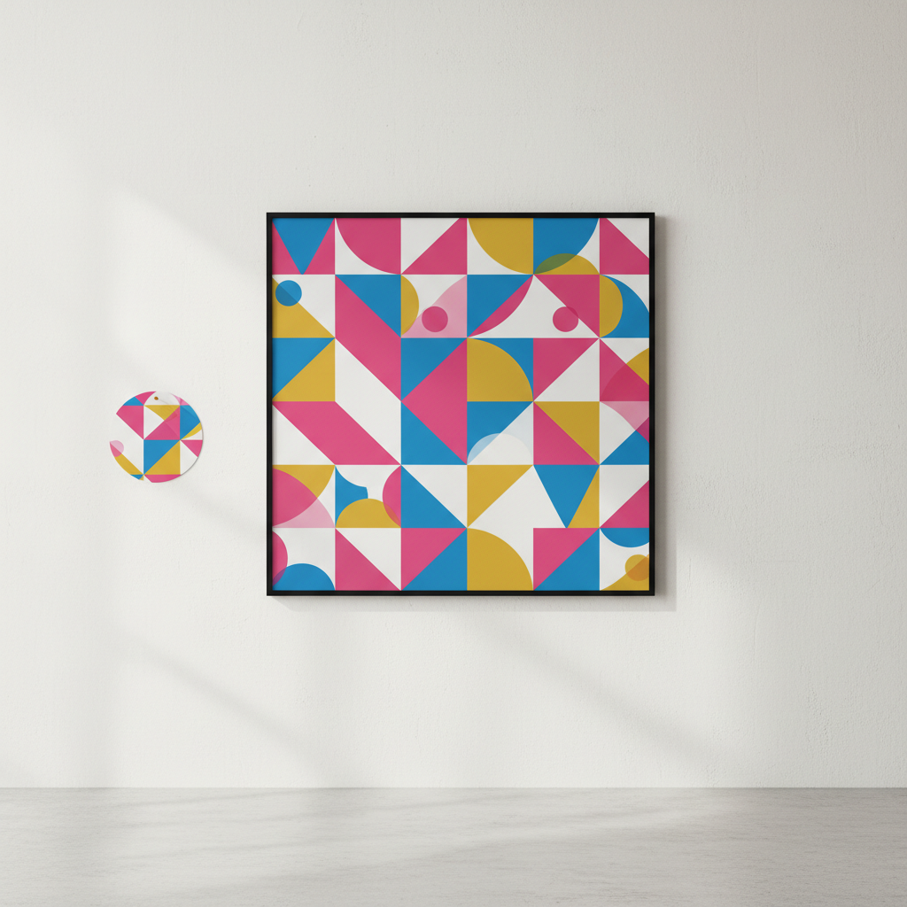 Creative design patterns AI — modern abstract geometric pattern with bold pink, electric blue, and mustard yellow shapes, bauhaus-inspired tile, vibrant wallpaper sample mounted on wall