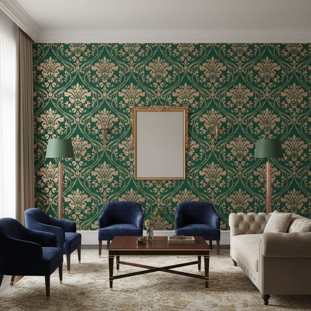 AI graphic design wallpaper pattern — luxurious damask pattern in emerald green and rose gold, ornate baroque medallions repeating seamlessly, premium hotel interior wall mockup