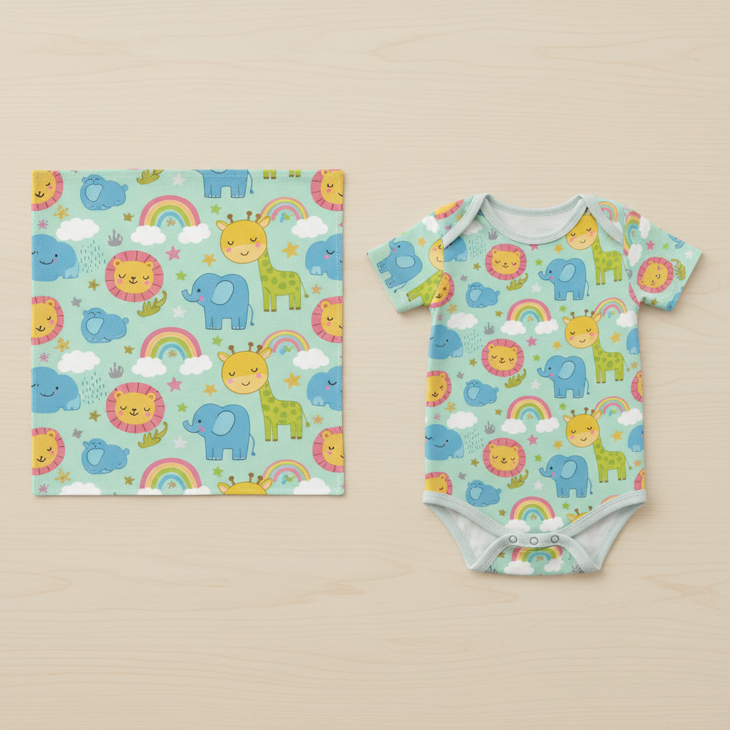 Generate patterns AI — playful kids pattern with cartoon animals, stars, clouds, and rainbows, repeating tileable design on pastel mint background, fabric swatch and onesie mockup