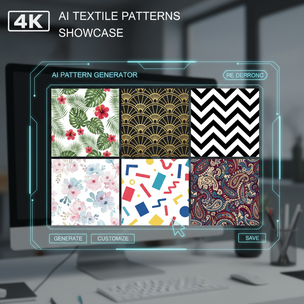 AI pattern generator workspace grid — six diverse pattern thumbnails showing tropical leaves, art deco fans, geometric chevrons, watercolor florals, memphis shapes, and vintage paisley