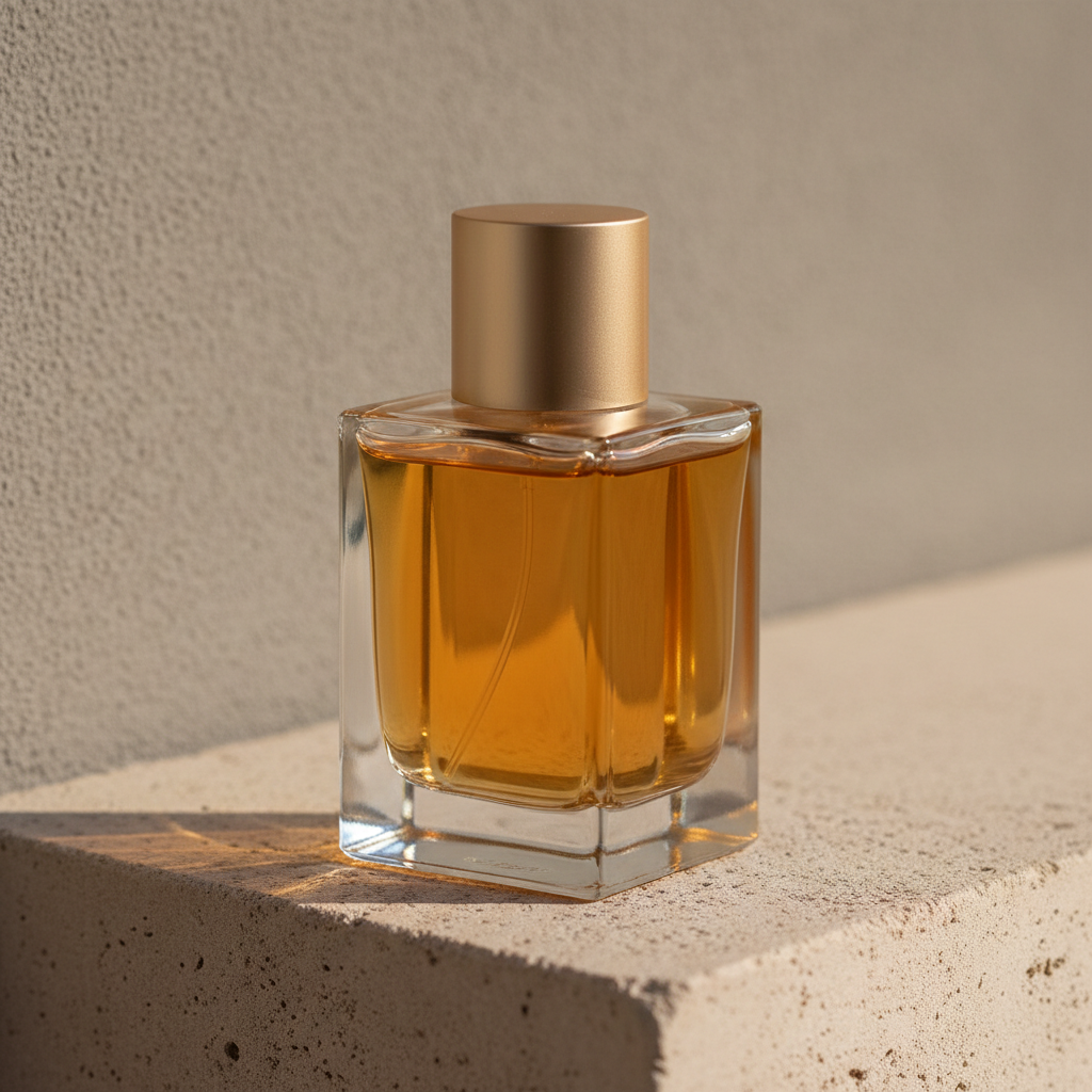 AI perfume bottle design generator result: a squat square flacon in thick clear glass on a rough pale concrete ledge, filled almost to the shoulder with amber liquid and capped with a brushed champagne-gold cylinder. The whole design is in the base — glass thick enough to read as a solid block under the juice, throwing a warm amber pool of light across the concrete. That block is where the weight in the hand comes from, and it is also the most expensive glass in the bottle