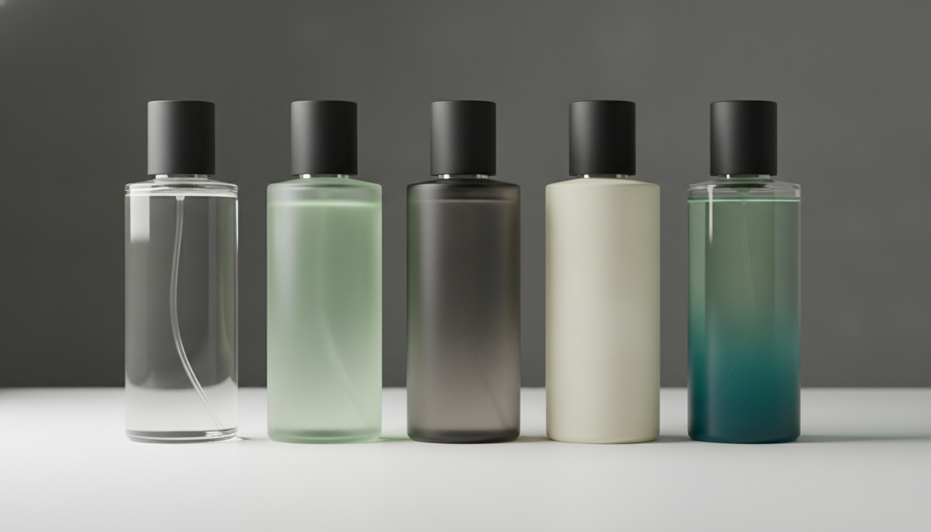 Five bottles in a row, same silhouette and same black cap, differing only in how the glass is finished: polished clear, acid-etched frosted, smoke-grey tinted, opaque ivory lacquer, and a spray gradient running from clear at the shoulder to deep teal at the base. One variable, five different products. The clear one also shows what clear glass cannot hide — the dip tube running to the bottom is part of the design whether you wanted it or not — and the pale green juice asked for in all five is only actually readable in two of them