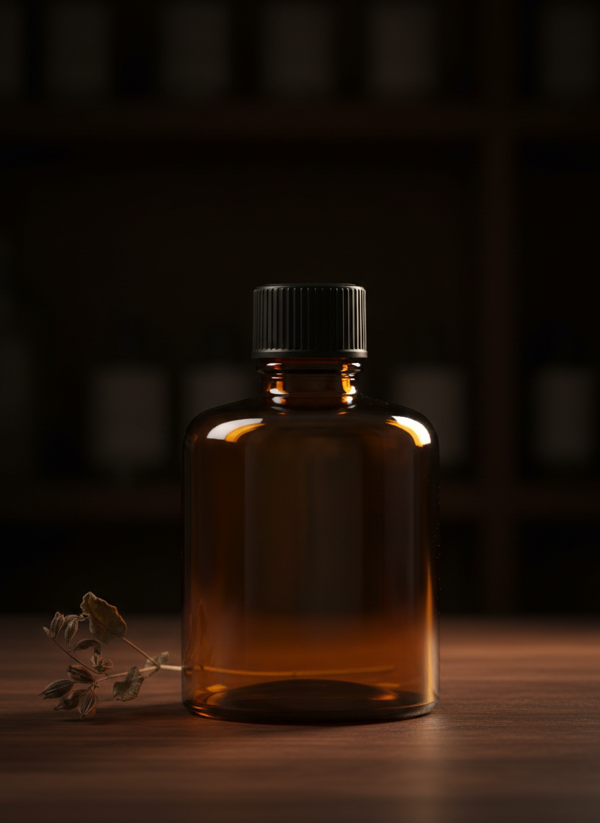 A squat apothecary bottle in thick amber glass with a black ribbed cap, lit by a single low lamp on dark wood with blurred shelves behind it. Amber glass has a function as well as a look — it filters the light that oxidises a fragrance — and it also hides the fill level completely, so nobody ever sees how much is left. Note the closure the model chose: a threaded screw cap, which makes this a splash bottle rather than a spray