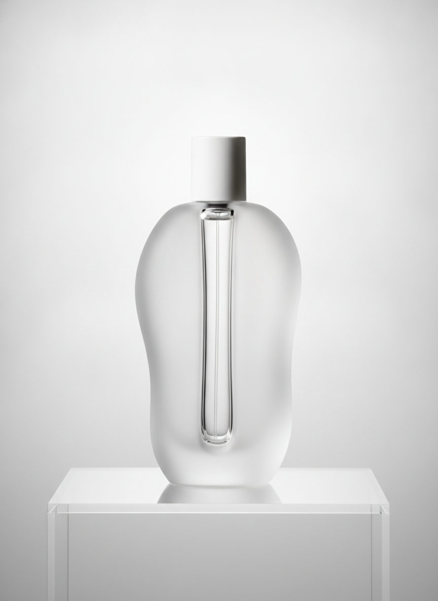 A sculptural bottle where the glass is the entire design: a soft organic form in frosted white with one polished clear window running down the centre, on a white plinth under flat gallery light. Two things to price before falling for it — an asymmetric blown form, and a masked frosting step that leaves that centre strip clear, which is a second decoration operation on top of the bottle. The cap was asked to sit flush with the silhouette and came back sitting proud on a conventional neck, which is roughly what happens in real life too