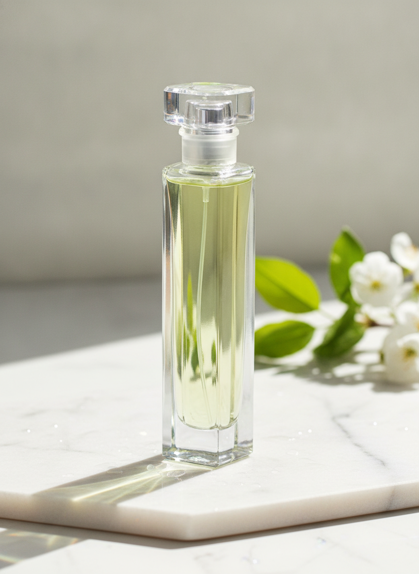 A tall square column of clear glass on white marble, pale yellow-green juice, a thick stepped clear cap and a heavy base. This is the best argument on the page for clear glass: sunlight through the bottle throws a shadow tinted the colour of the fragrance, so the juice describes the scent before anyone smells it. It came back plainer than the sharply faceted prism that was asked for, and with clear glass that is survivable — the base thickness carries the design instead