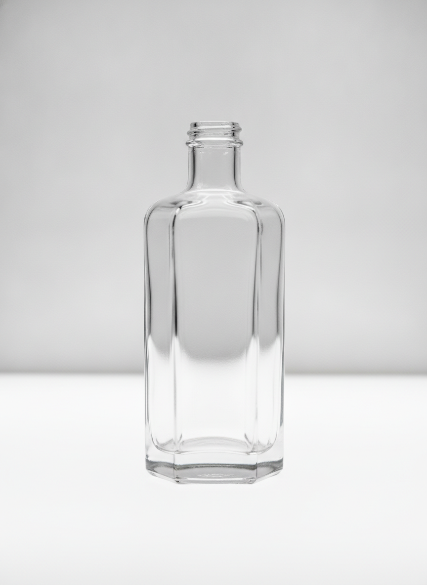 An empty moulded bottle blank with no cap fitted, showing the thick uneven glass in the base, the faint vertical seams up the corners where the two mould halves met, and small embossed marks on the underside. The neck came back with a screw thread rather than the crimp flange fine fragrance usually uses — a useful reminder that the top few millimetres of a bottle are a bought standard rather than a design decision
