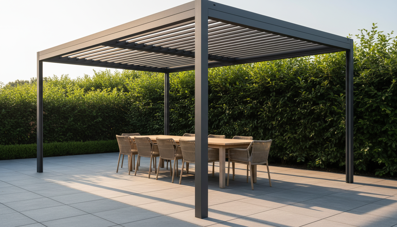 AI pergola design generator result: a charcoal powder coated aluminium pergola with a louvered roof over a porcelain paved terrace, clipped hedging behind and a woven dining set underneath. The frame is the convincing part, with crisp mitred corners, an even satin finish and blades that read as extruded aluminium rather than painted timber. The shade is not. A louvre roof set at any angle lays hard parallel stripes right across the table below, and here the paving under the roof is as bright as the paving outside it, marked only by the shadows of the posts. The blades also give up partway across: the left third of the roof flattens into a solid dark panel with no blades in it at all, so half of it is a louvre system and half of it is a lid.