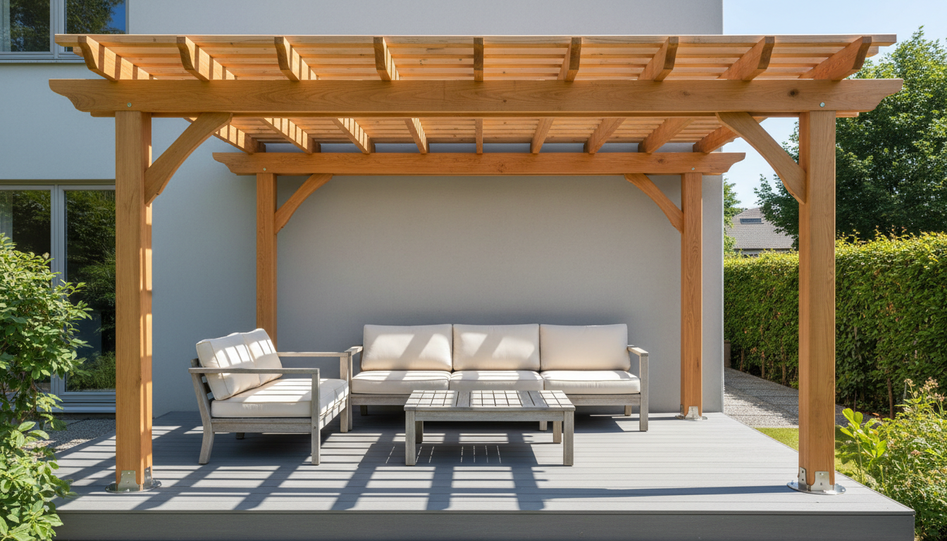 AI pergola design generator result: a western red cedar pergola over a grey composite deck at the back of a rendered house, with purlins over the rafters and a low outdoor sofa underneath. The cedar is superb, with honest straight grain and clean stainless standoff bases lifting every post clear of the deck boards, which is the small detail that actually decides whether a timber post lasts twenty years. The connection to the house is missing entirely. A ledger board bolted to the wall was asked for, and instead the frame grew its own second row of posts standing in front of the wall, so this is a freestanding pergola parked against a house rather than an attached one. There is a whole extra structure in there too, a second beam and rafter assembly sitting lower and further back, two roofs nested at different heights. The rafter tails were specified curved and came back square cut.