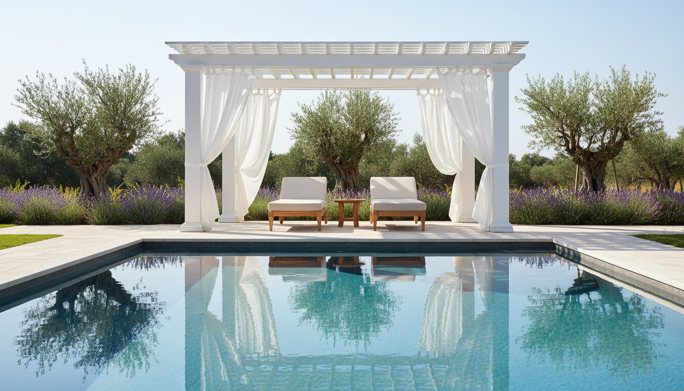 AI pergola design generator result: a white painted freestanding pergola with a flat slatted roof and loose white curtains, standing on stone at the far side of a swimming pool among olive trees and lavender. Symmetry, water and reflection are all excellent, and the render is the most immediately sellable of the six. The roof still casts nothing: the stone directly beneath the slats is exactly as bright as the coping out in the open, in what is plainly hard morning sun. The columns do not agree with one another either, since the front pair carry moulded classical caps and bases while the rear pair are plain square posts meeting the paving with no base at all. Curtains hang at three of the four columns, only one of them is tied back, and the teak sun loungers that were asked for arrived as small armless chairs.
