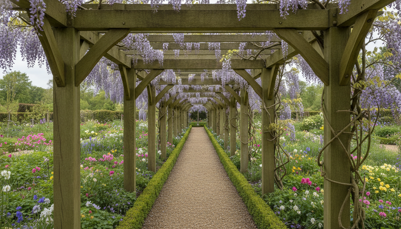 AI pergola design generator result: a green oak pergola walkway carrying mature wisteria in full flower over a gravel path, running down the middle of a cottage garden border under soft overcast light. This is the one image in the set where the absence of shadow is honest, because the sky really is overcast and a bare gravel path is what that gives you. The plant and the rhythm are the problem. On the right a thick woody wisteria stem spirals up a post and out along the beams exactly as a forty year old plant does, while on the left there is no stem anywhere at all and the racemes simply hang from the rafters attached to nothing. The bays are unequal as they recede rather than diminishing evenly, some posts land inside the planting instead of beside the path, and the rafter count changes from one bay to the next. The pegged mortise and tenon joints that were asked for came back as braces with bolt heads.