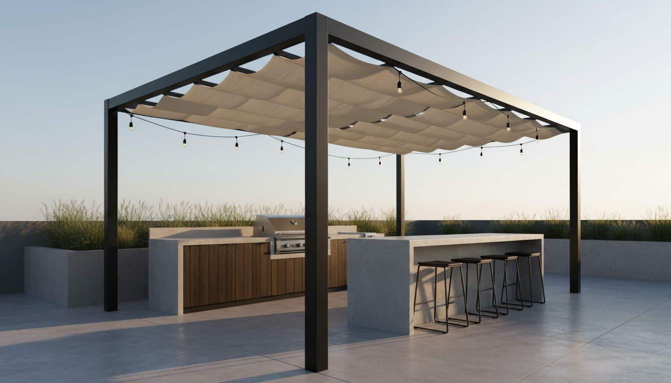 AI pergola design generator result: a slim black steel pergola with a cream retractable canopy over a built in outdoor kitchen and a concrete bar on a poured terrace, photographed in low evening light. The steel frame is beautifully drawn, with sharp box section corners and a convincing satin black finish, and the canopy fabric has real weight in the way it swags. It runs on nothing. A retractable canopy travels on cables or a track, and here the fabric floats below the frame and passes straight over the middle post as though the post were not there. The string lights are worse, running out past the left hand post into open sky and tied to nothing at that end. The centre post is planted in the middle of the walkway between the grill run and the bar. And a cream canopy under a low sun would throw a large soft shadow across the whole terrace, where the concrete beneath it is as bright as the concrete beyond it.