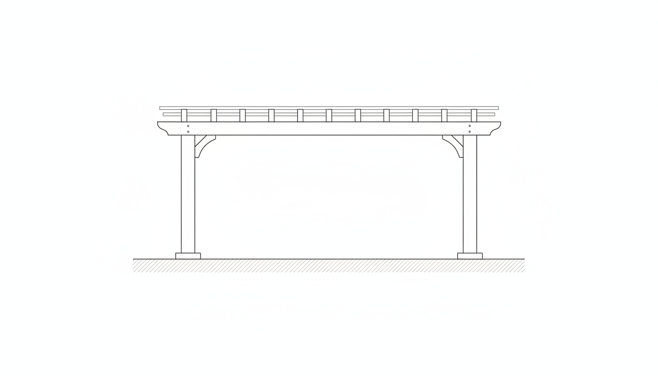 AI pergola design generator result: a flat orthographic elevation of a freestanding pergola, showing two posts on pad footings, a pair of beams with tapered ends, braces at the post tops and a row of rafters with purlins over them. It is clean, square and completely free of text, which makes it the most useful of the six to put in front of a builder. It is also the clearest picture of what these renders leave out. The concrete pads sit on top of the ground line as little plinths, where a real footing goes down below the local frost depth, so the most expensive part of the job is drawn as the smallest. The end bays are visibly wider than the bays between them, which means the rafter spacing that decides how much shade you get is not actually uniform. And there is not one dimension anywhere on it, which is the honest limit of the whole exercise: a drawing without numbers is a picture of a drawing.