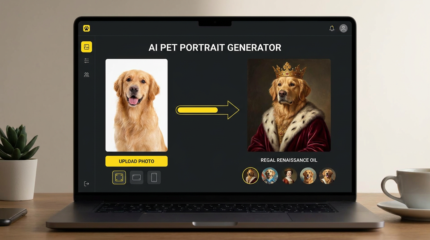 AI pet portrait generator interface transforming a golden retriever photo into a regal Renaissance oil painting portrait, the dog wearing a royal velvet cloak and golden crown, shown in a dark mode dashboard with style picker and upload panel
