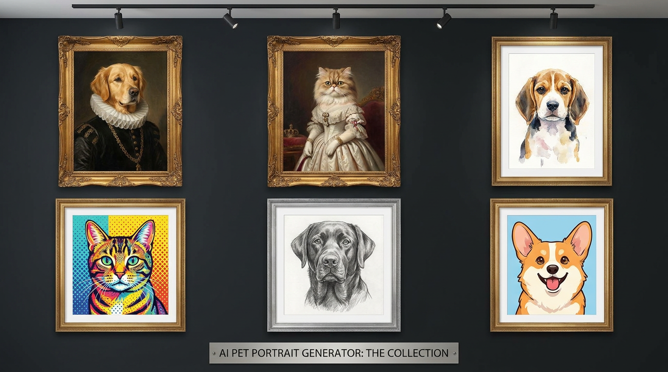 AI pet portrait gallery grid showing six custom pet portraits in different art styles — a dog as a Renaissance noble, a cat in Victorian royal costume, a watercolor puppy, a pop-art tabby cat, a pencil-sketch labrador, and a cartoon corgi