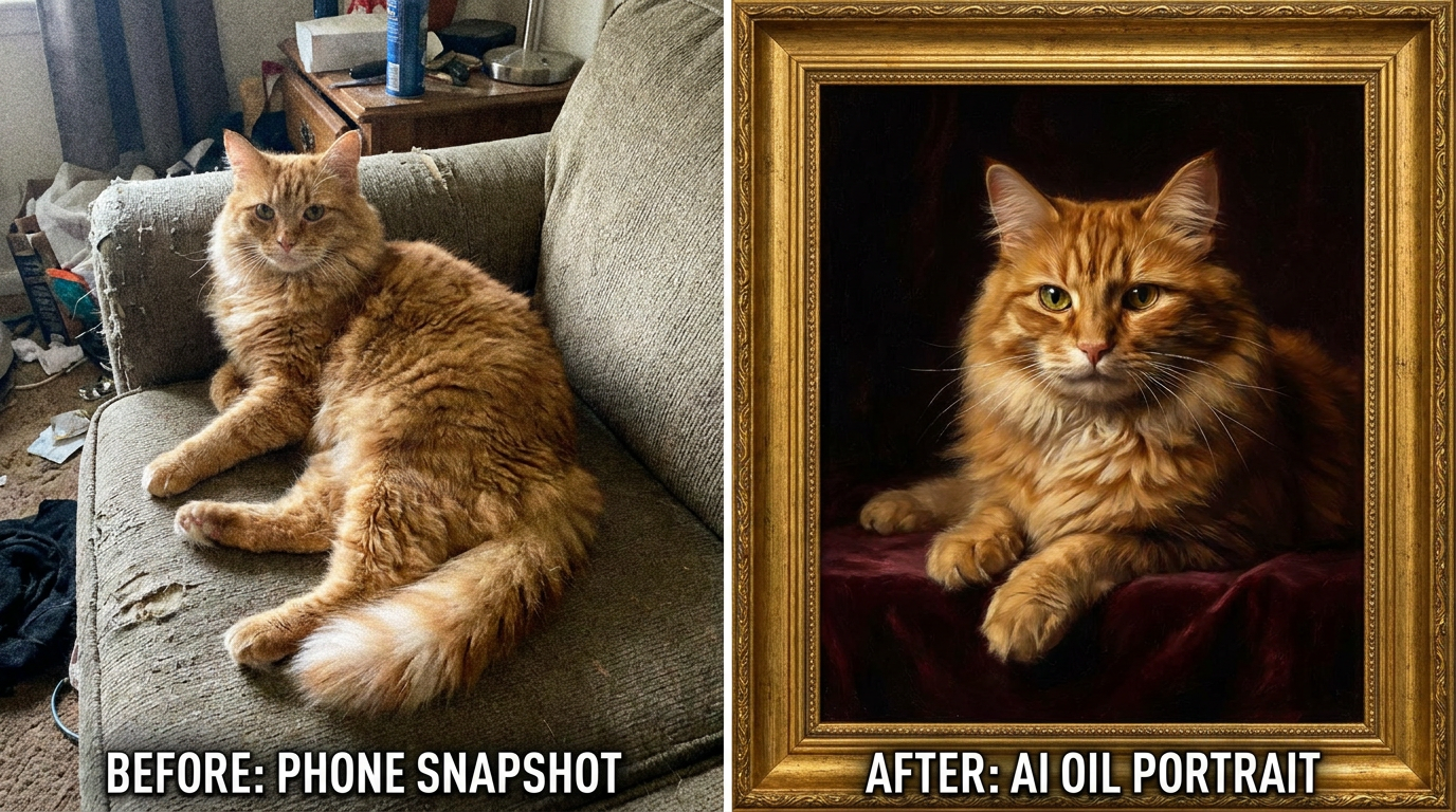 Before and after comparison for an AI pet portrait generator — a casual phone snapshot of a fluffy cat on a couch transformed into a majestic studio oil painting portrait with dramatic lighting and an ornate gold frame