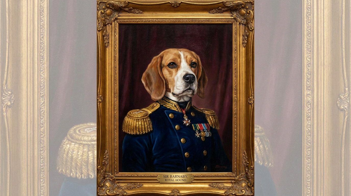 Custom royal pet portrait generated by AI — a distinguished beagle dressed as a Victorian aristocrat in a navy military jacket with gold epaulettes and medals, painted in classic oil portrait style with an ornate gilded frame