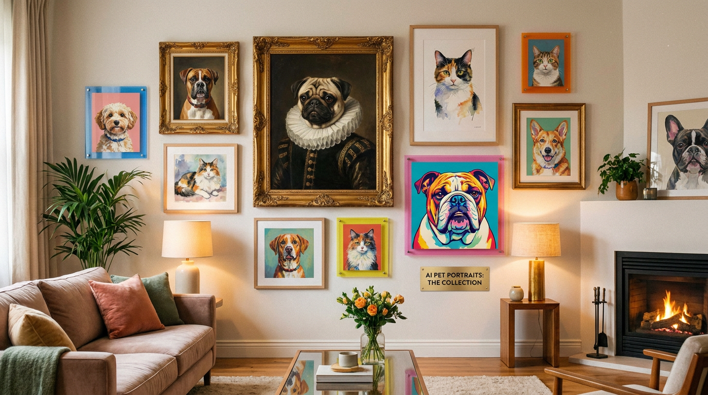 AI pet portrait generator output collection displayed on a living room gallery wall — multiple framed AI-generated pet portraits of dogs and cats in renaissance, watercolor and pop-art styles in a stylish modern home