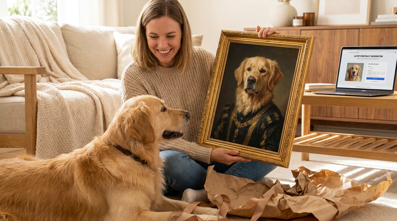 Happy pet owner unwrapping a custom canvas pet portrait created with an AI pet portrait generator, holding up the framed renaissance-style oil portrait of her dog beside the real dog in a cozy home