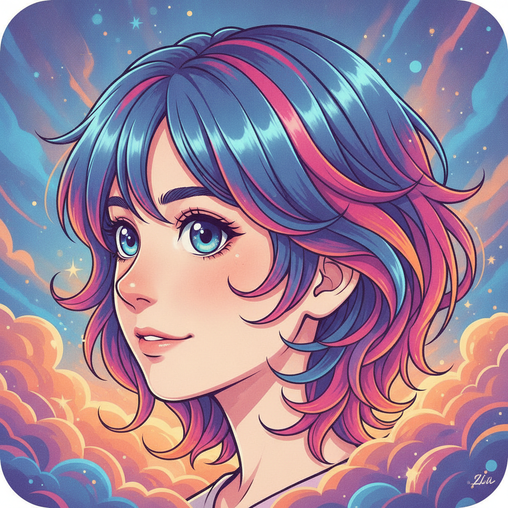 AI PFP generator result showing a photo turned into a vibrant anime profile picture avatar with big expressive eyes, clean cel-shaded coloring, and a colorful gradient background, real facial features kept recognizable
