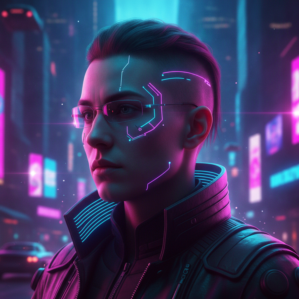 AI PFP generator result showing a person reimagined as a cyberpunk profile picture avatar with neon pink and cyan rim lighting and a futuristic city bokeh background, real face kept recognizable