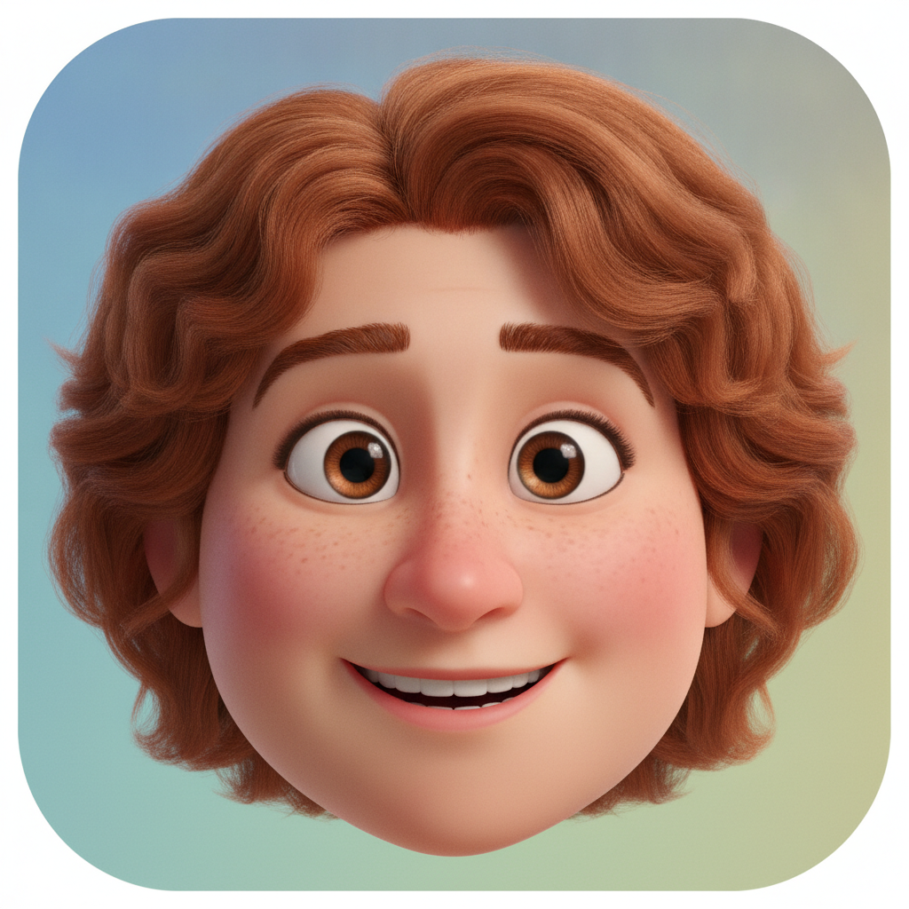 AI PFP generator result showing a person as a friendly 3D animated cartoon profile picture avatar in Pixar style with smooth shading and soft studio lighting, real facial features preserved