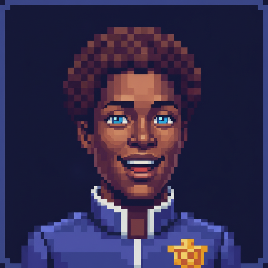 AI PFP generator result showing a person as a retro pixel art profile picture avatar with crisp pixel shading and a bold limited color palette, recognizable likeness