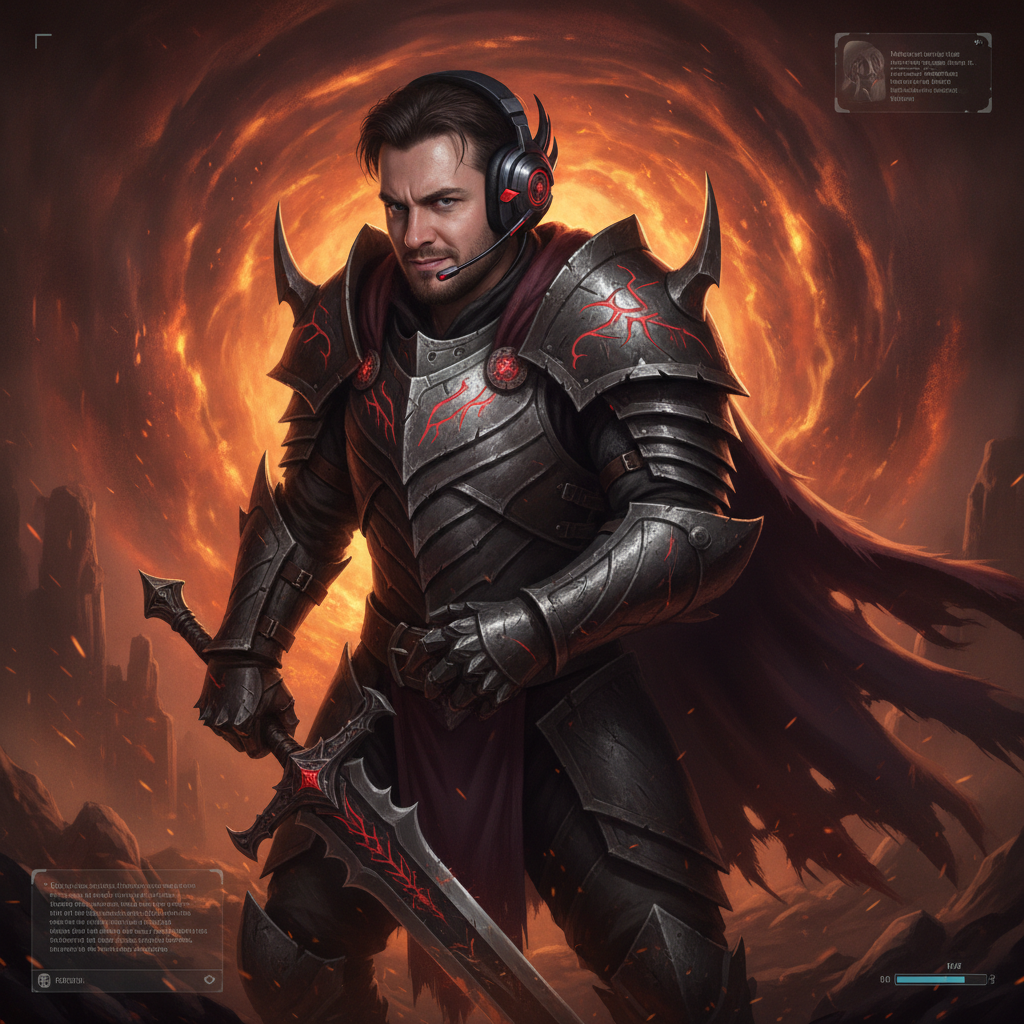 AI PFP generator result showing a person as an epic dark fantasy warrior profile picture avatar with dramatic cinematic lighting and a glowing ember background, real face kept recognizable