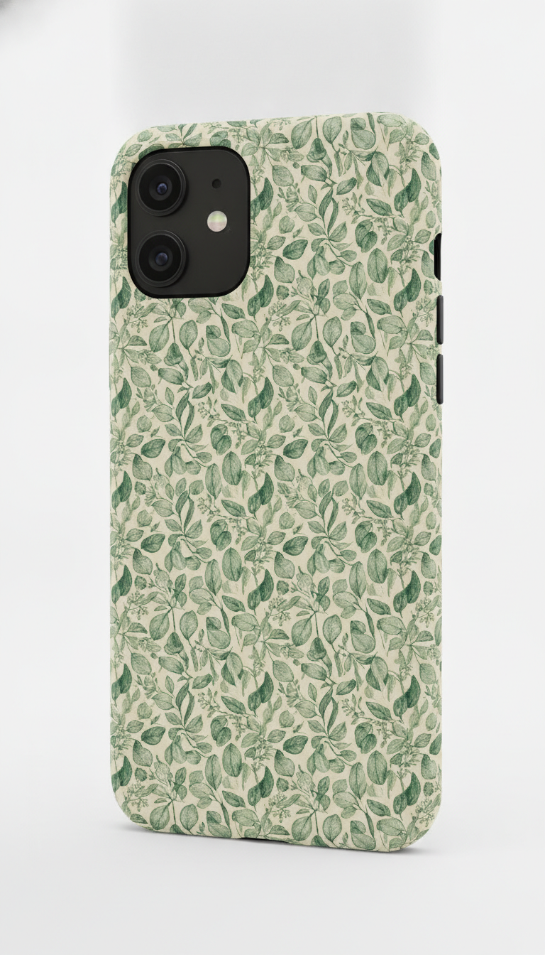 AI phone case design generator result: a matte cream case printed edge to edge with a dense pattern of ink-drawn eucalyptus leaves in forest green and sage, the repeat running off every edge and around the side walls with the camera cutout interrupting nothing important