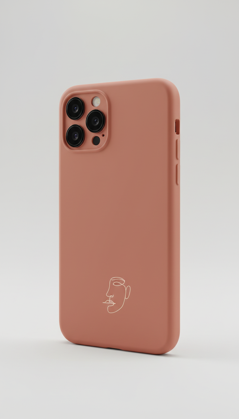 Minimal phone case design generated by AI: a flat dusty terracotta matte case with one small continuous single-line drawing of a face in profile in cream, set low on the back with wide empty space around it and nothing near the camera cutout