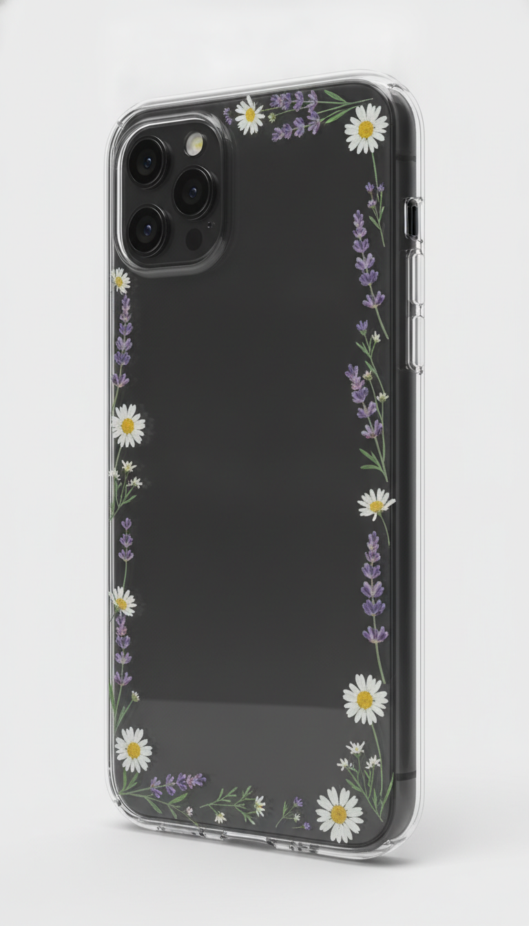 Clear phone case design from the AI phone case design generator: a transparent case over a plain black phone, with pressed-flower daisies and lavender sprigs printed only around the border so the centre and the camera area stay completely clear